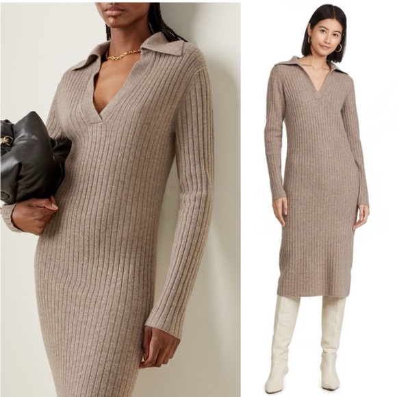 Vince Dresses & Skirts - Vince Cashmere Wool Collared Ribbed Sweater Dress Polo Knit Brown Mocha Tan S